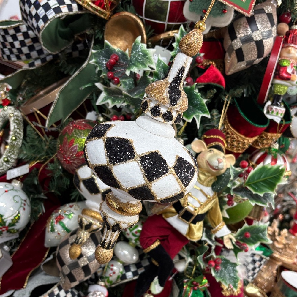 Holiday Harlequin Glittered Ornament - White, Black & Gold